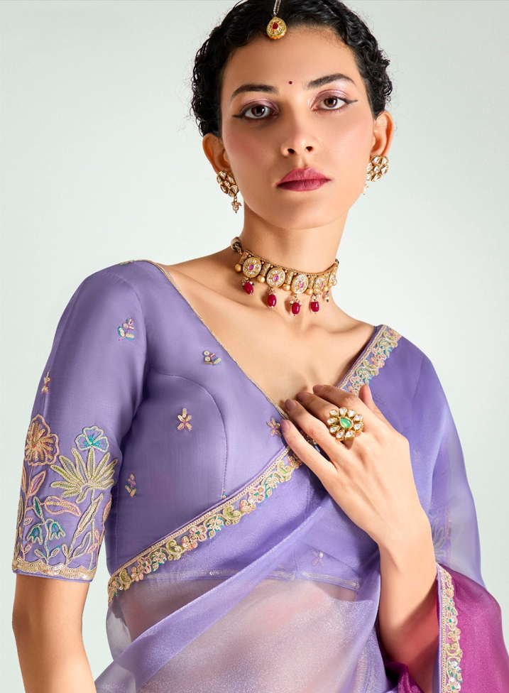 Lavender Magenta Organza Tissue Saree