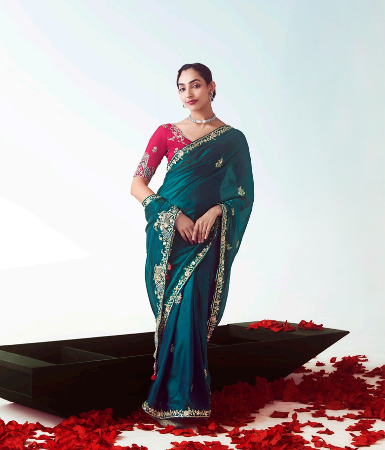 Teal Blue Fancy Saree With Work Blouse