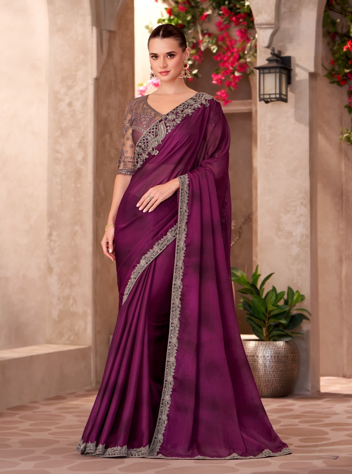 Fine Wine Satin Chiffon Saree & Satin Work Blouse