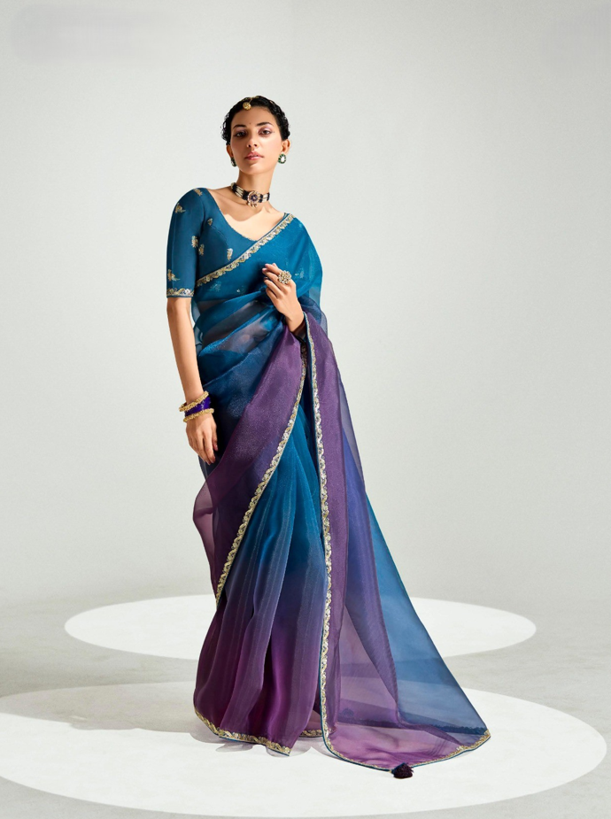 Navy Blue Purple Organza Tissue Saree