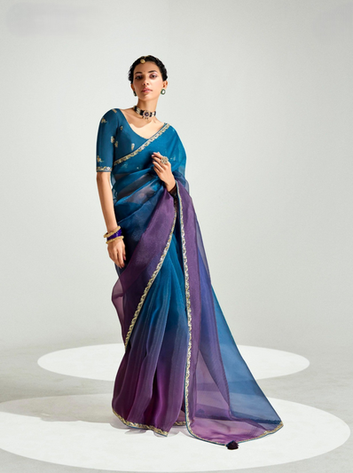 Navy Blue Purple Organza Tissue Saree