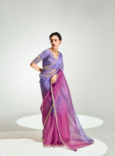 Lavender Magenta Organza Tissue Saree