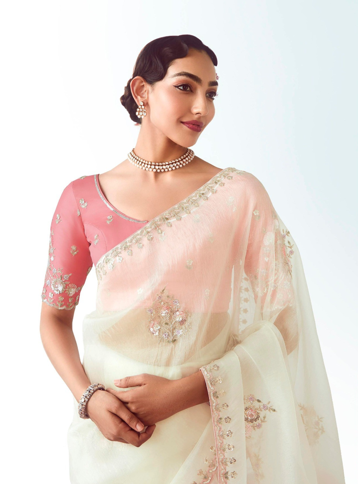 Off White Fancy Saree With Pink Blouse