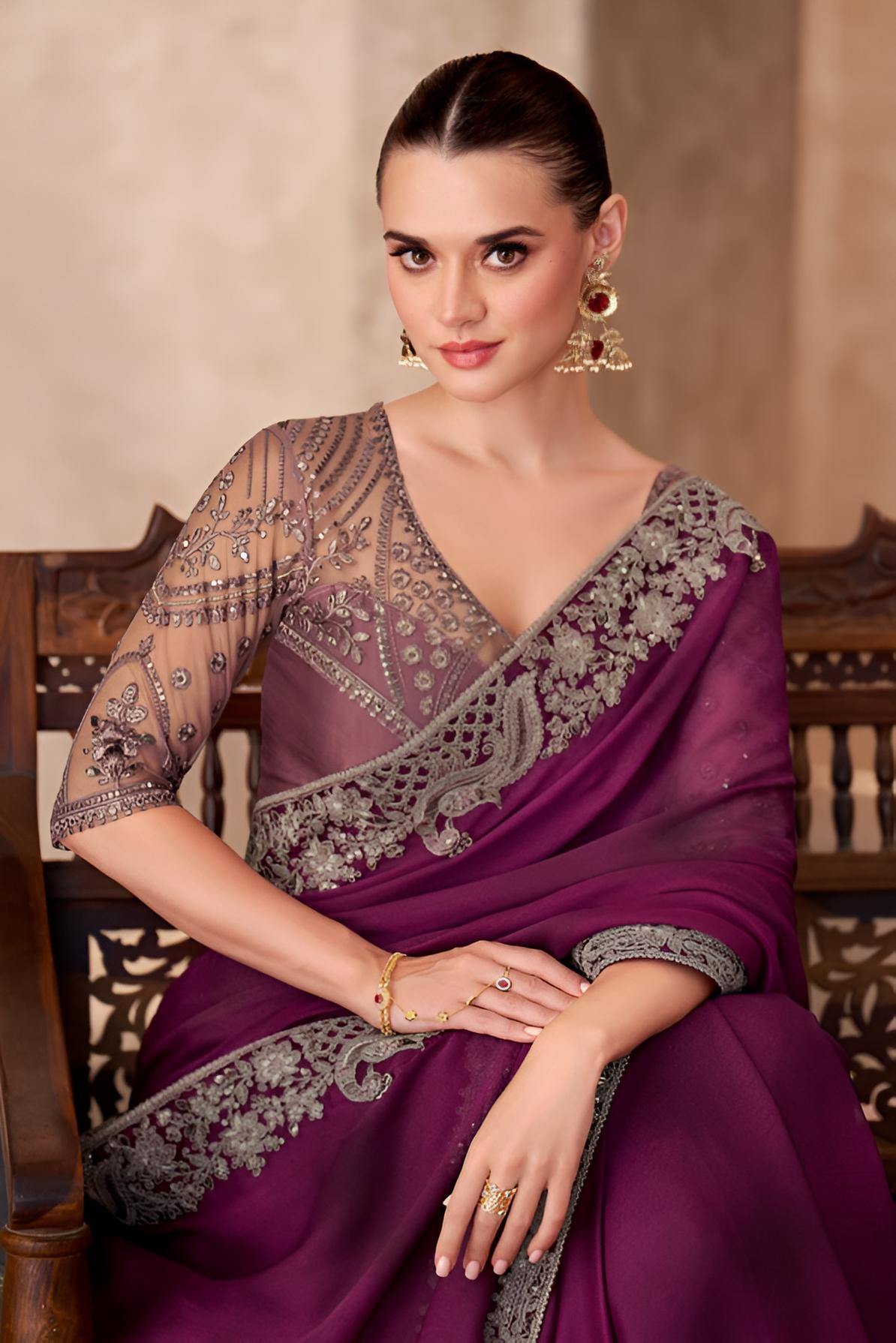 Fine Wine Satin Chiffon Saree & Satin Work Blouse