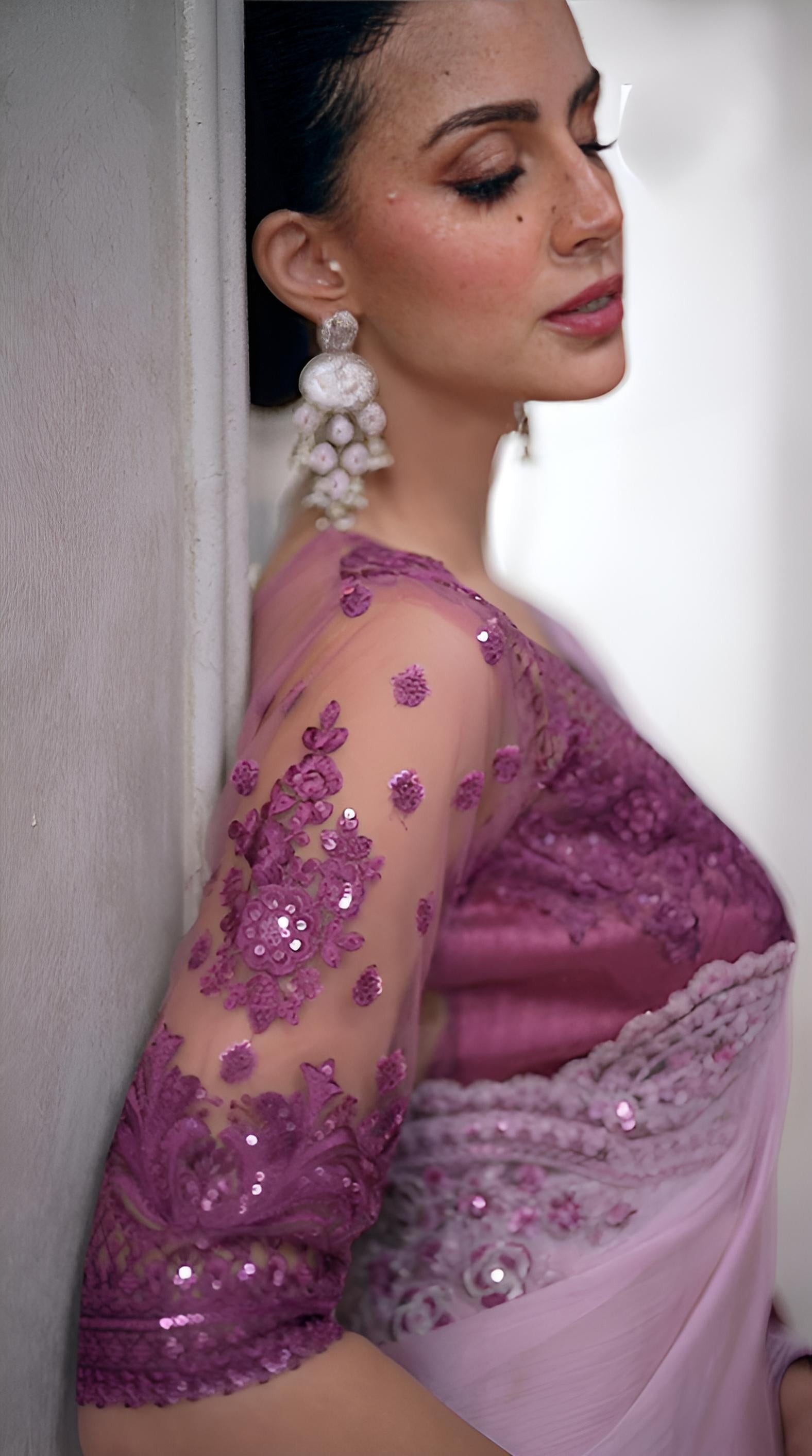Shaded Mauve Chiffon Saree & Linen Work Blouse