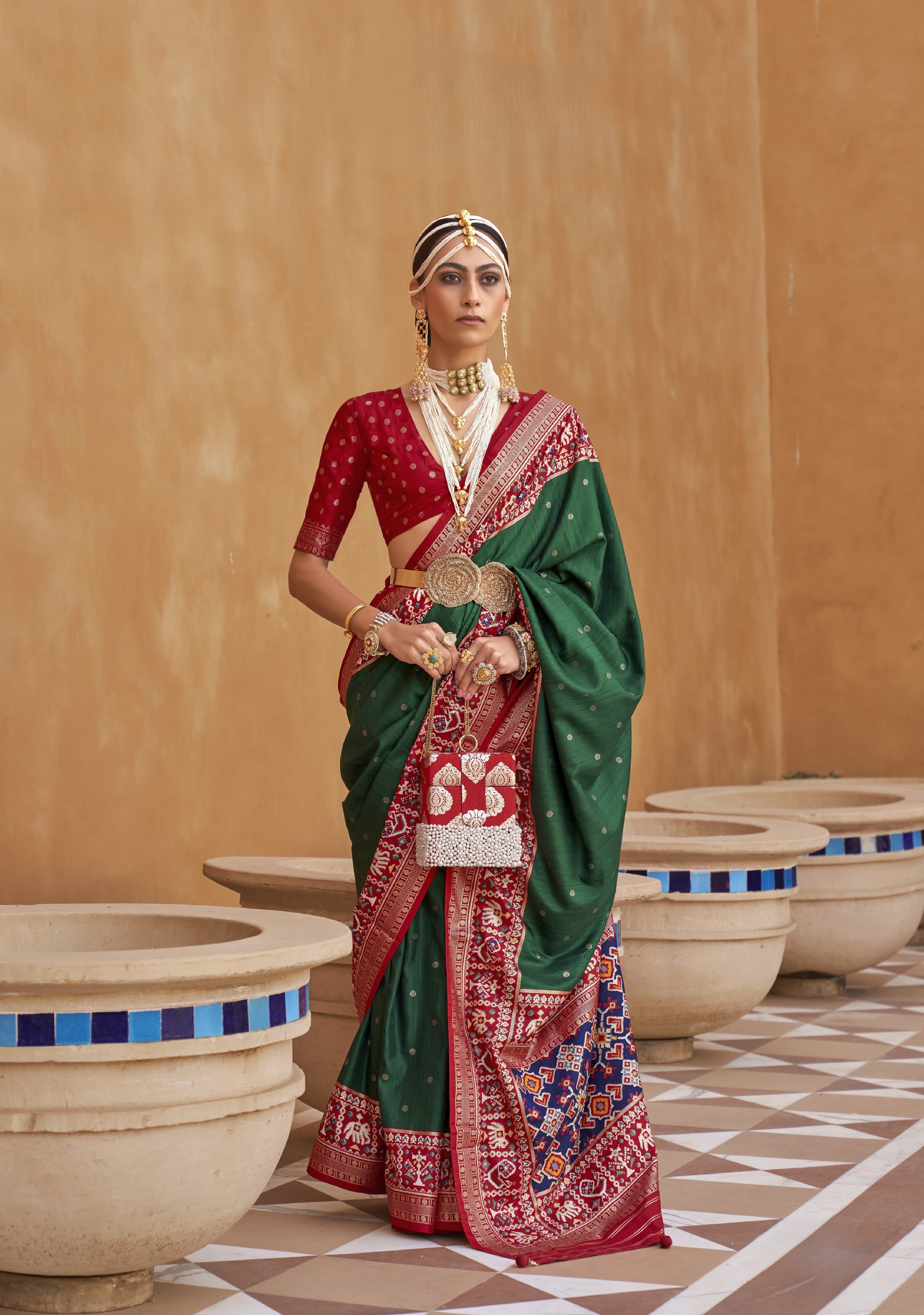 Green Silk Saree With Patola Border