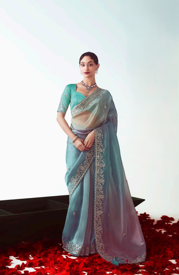 Sea Green Fancy Saree With Embroidered Blouse