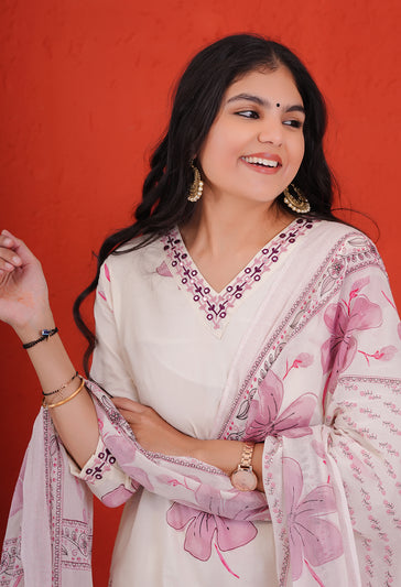White Cotton Straight Kurta Set with Pink Floral Embroidery and Mirror Work
