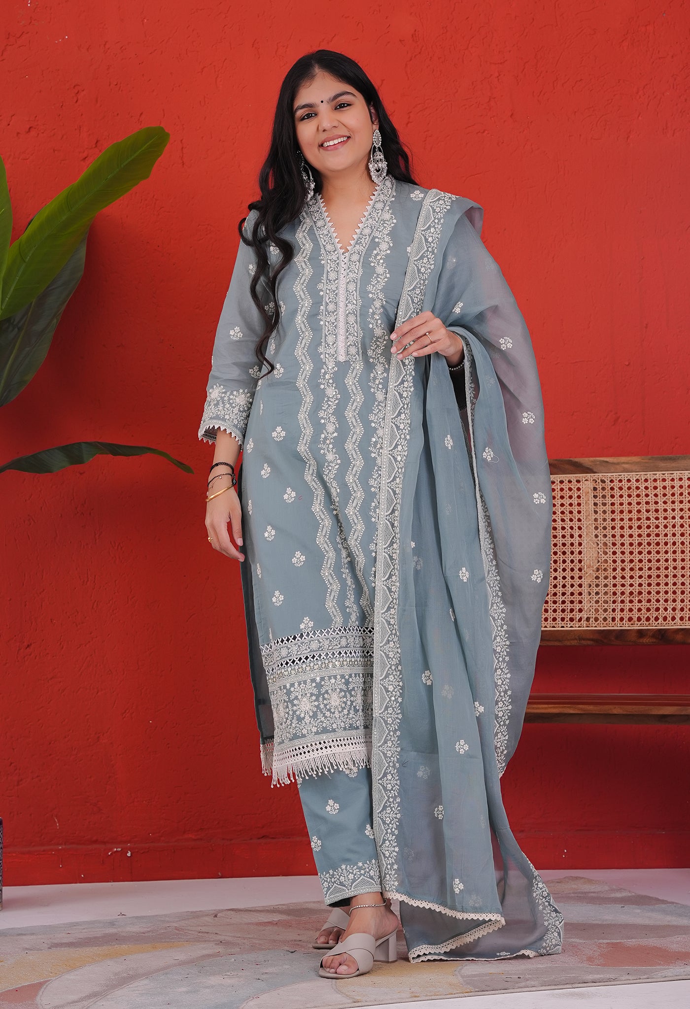 Grey Cotton Suit Set with Thread Work Detailing