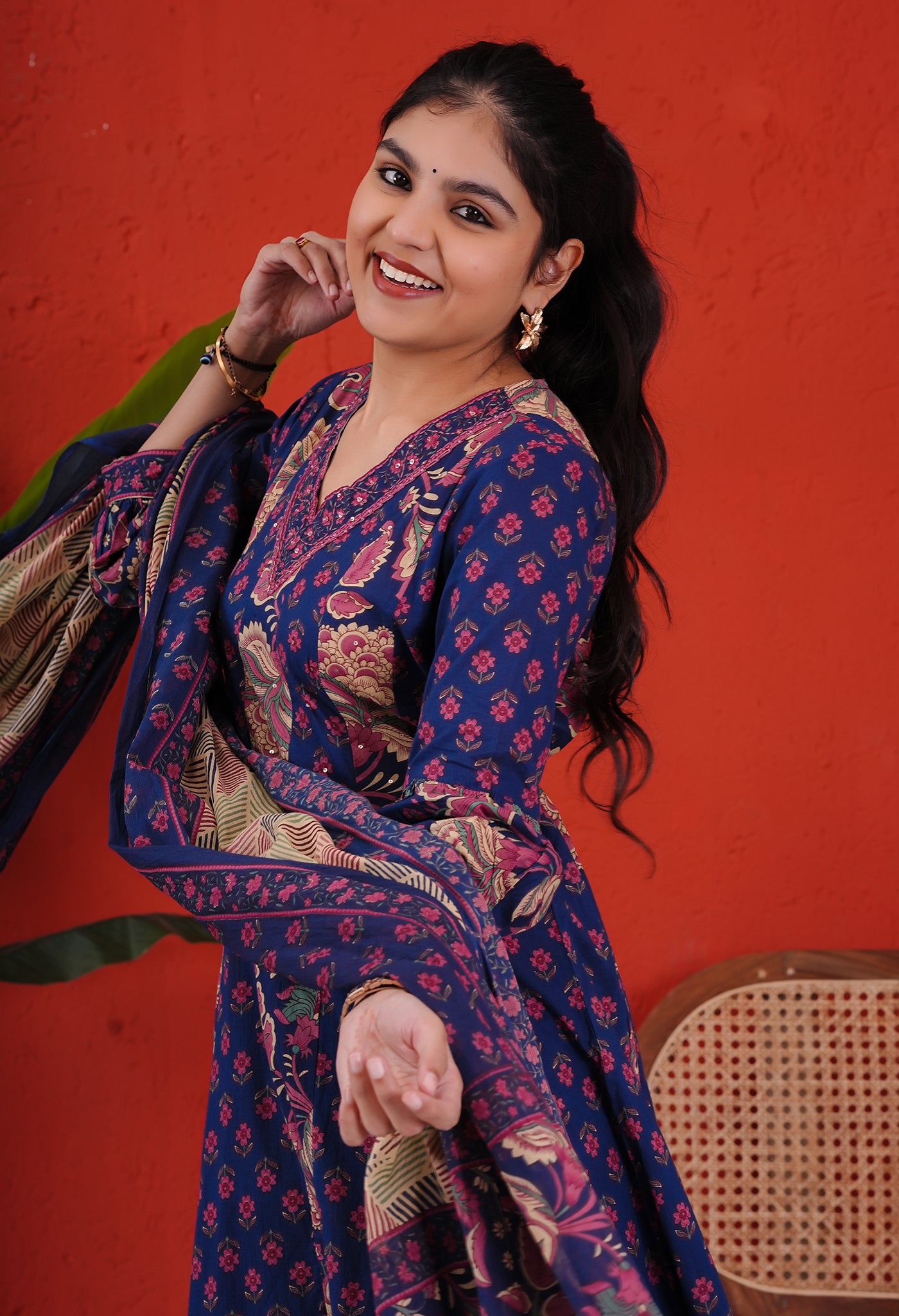 Blue Cotton Kurta Pant Suit Set with Ajrakh Print