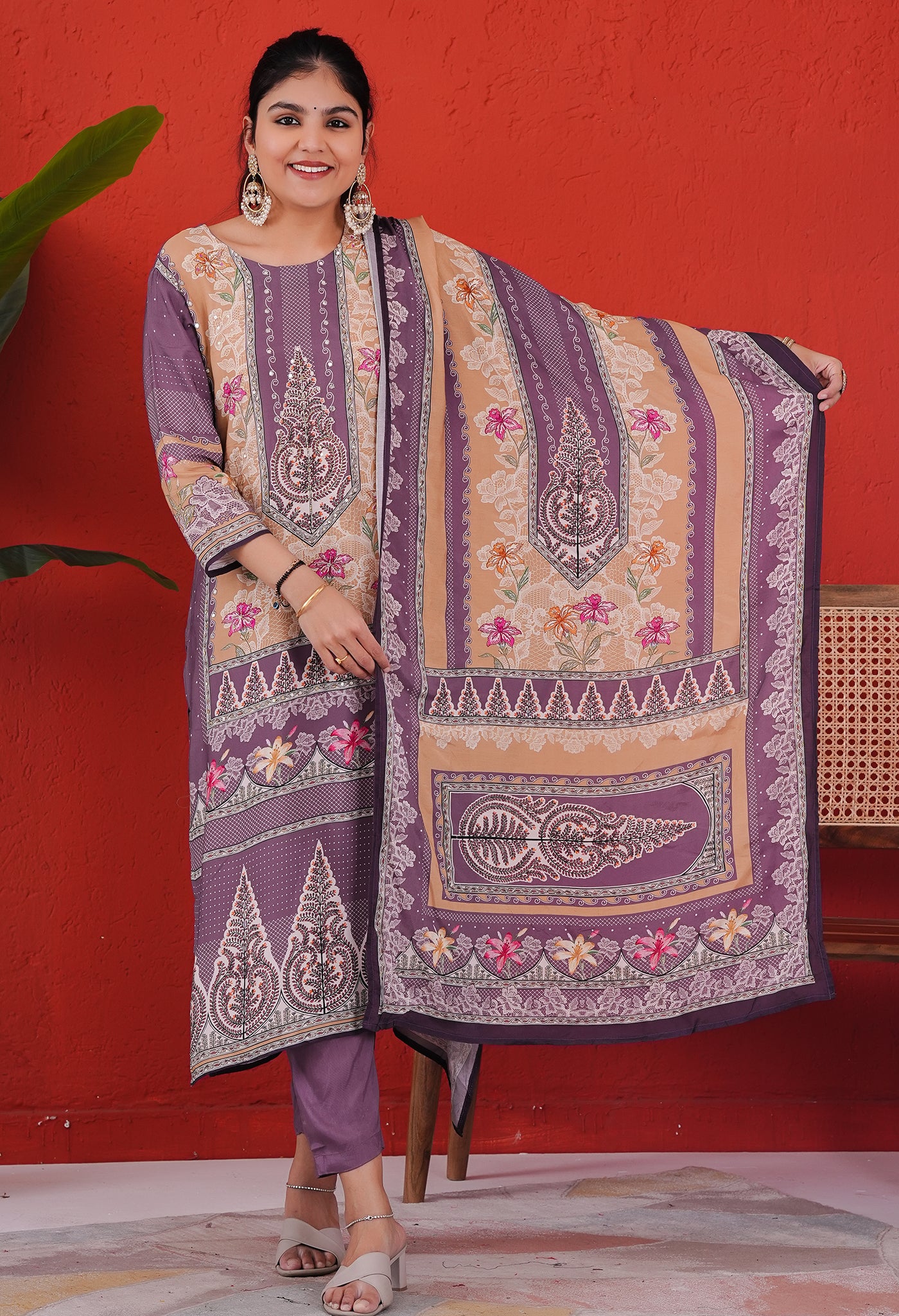 Purple and Mustard Moroccan Silk Straight Kurta Set