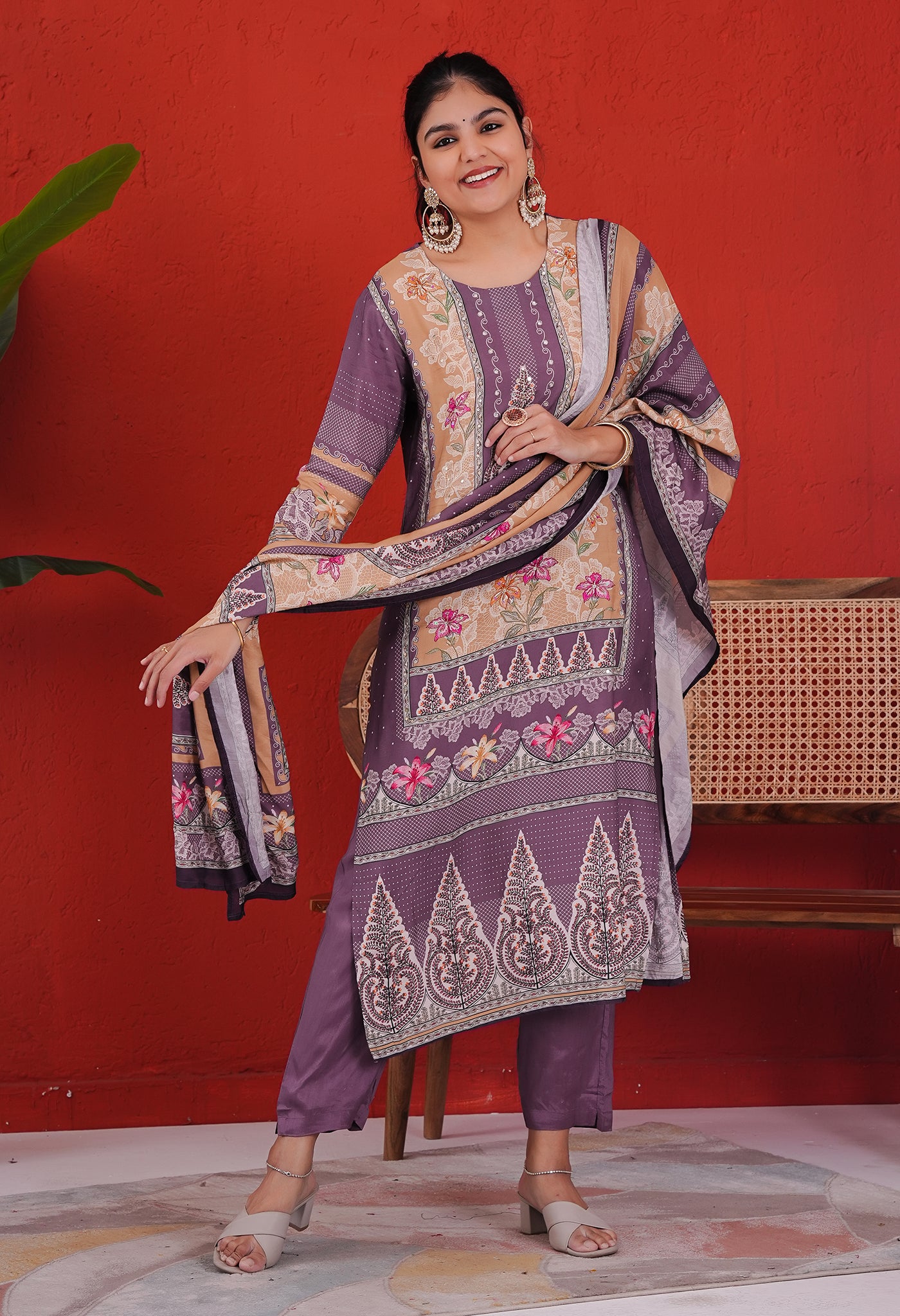 Purple and Mustard Moroccan Silk Straight Kurta Set