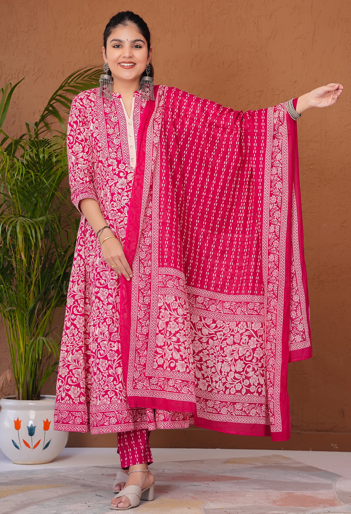 Red & White Cotton Anarkali Suit Set with Floral Print