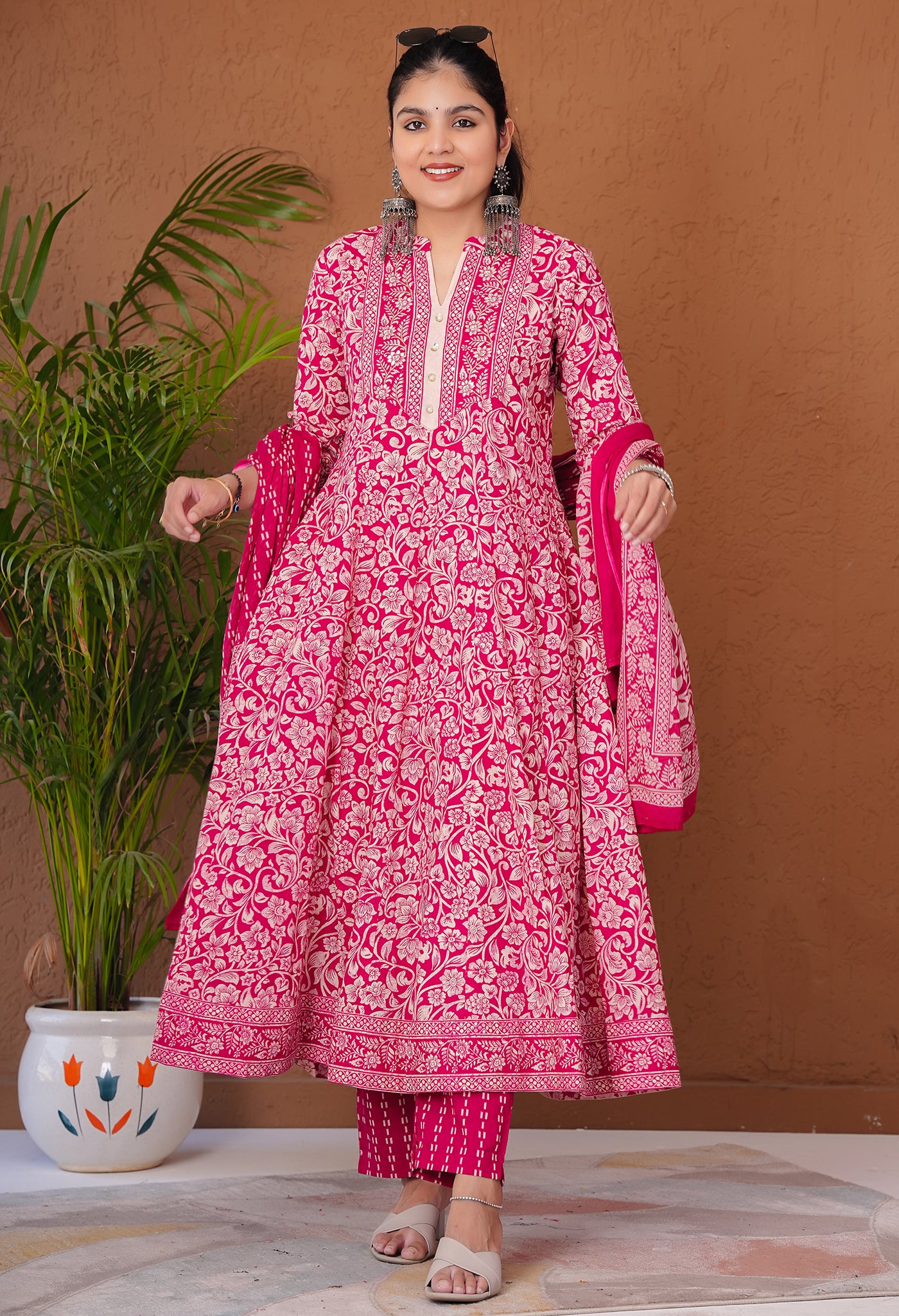 Red & White Cotton Anarkali Suit Set with Floral Print