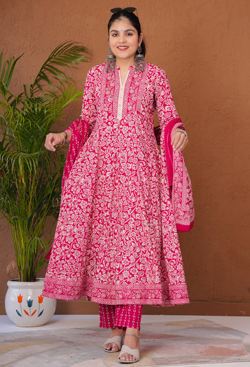 Red & White Cotton Anarkali Suit Set with Floral Print