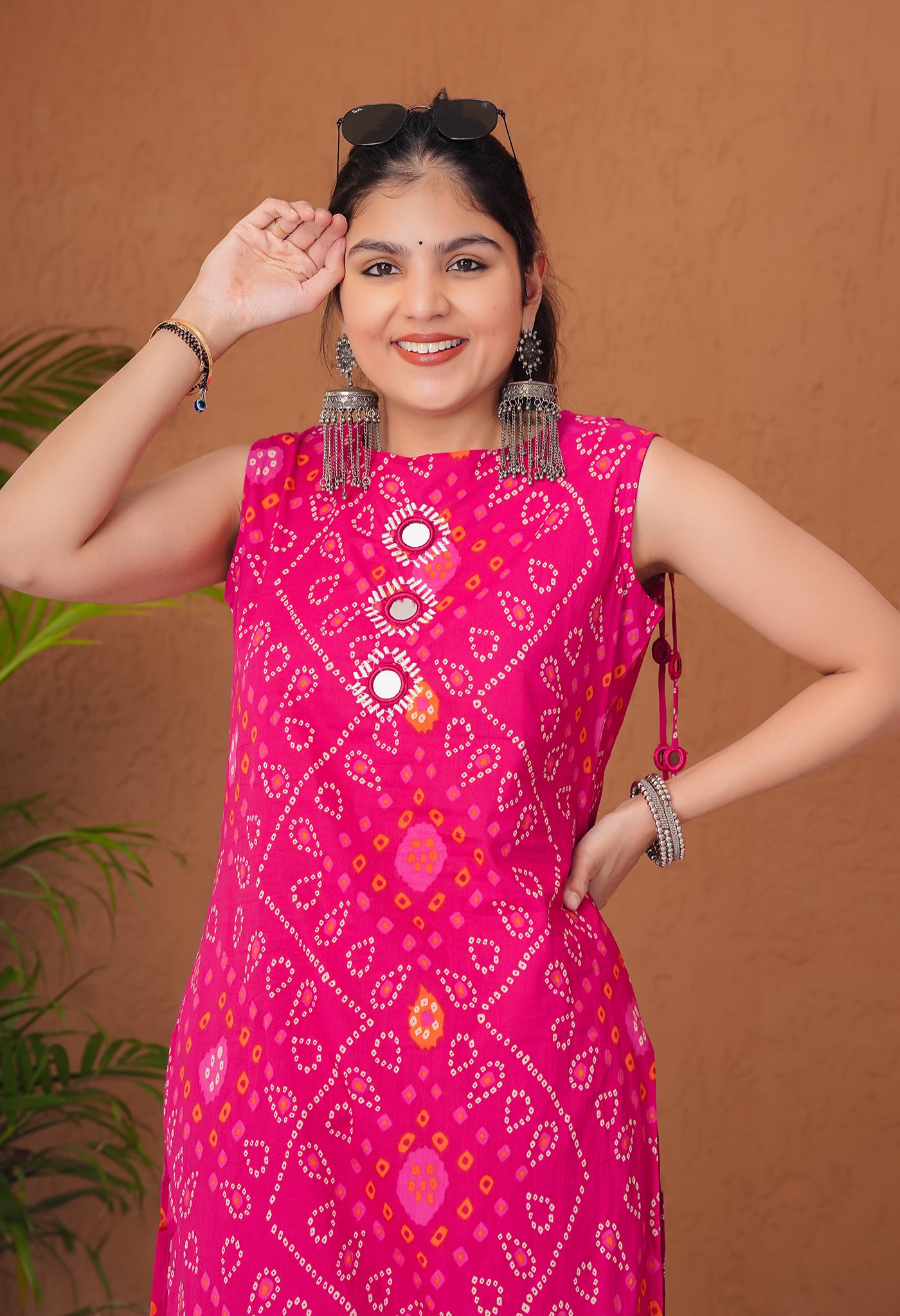 Pink Cotton Bandhani Printed Sleeveless Kurta Suit Set with Extra Sleeves