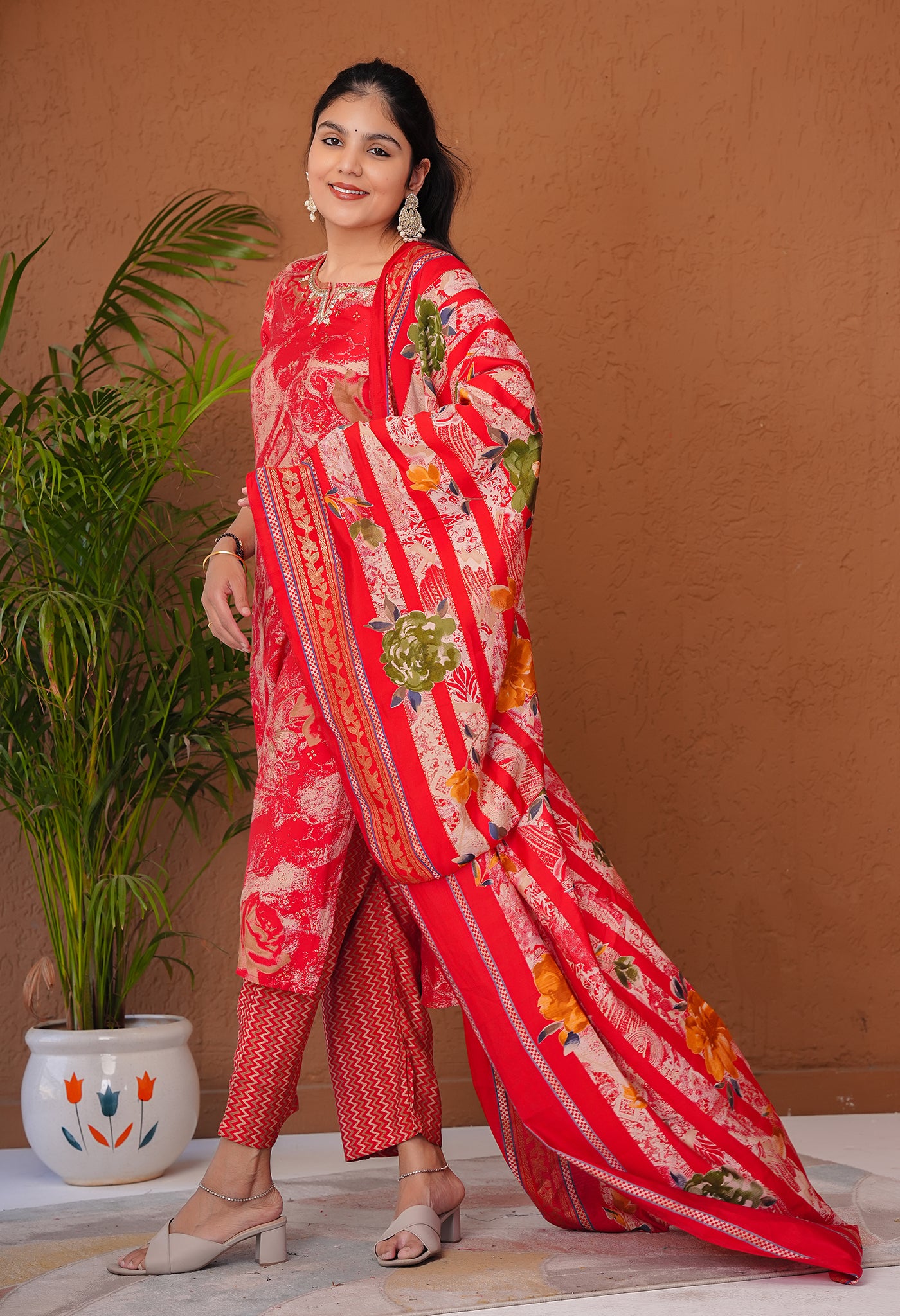 Red Modal Suit Set with Mirror Work on Neckline