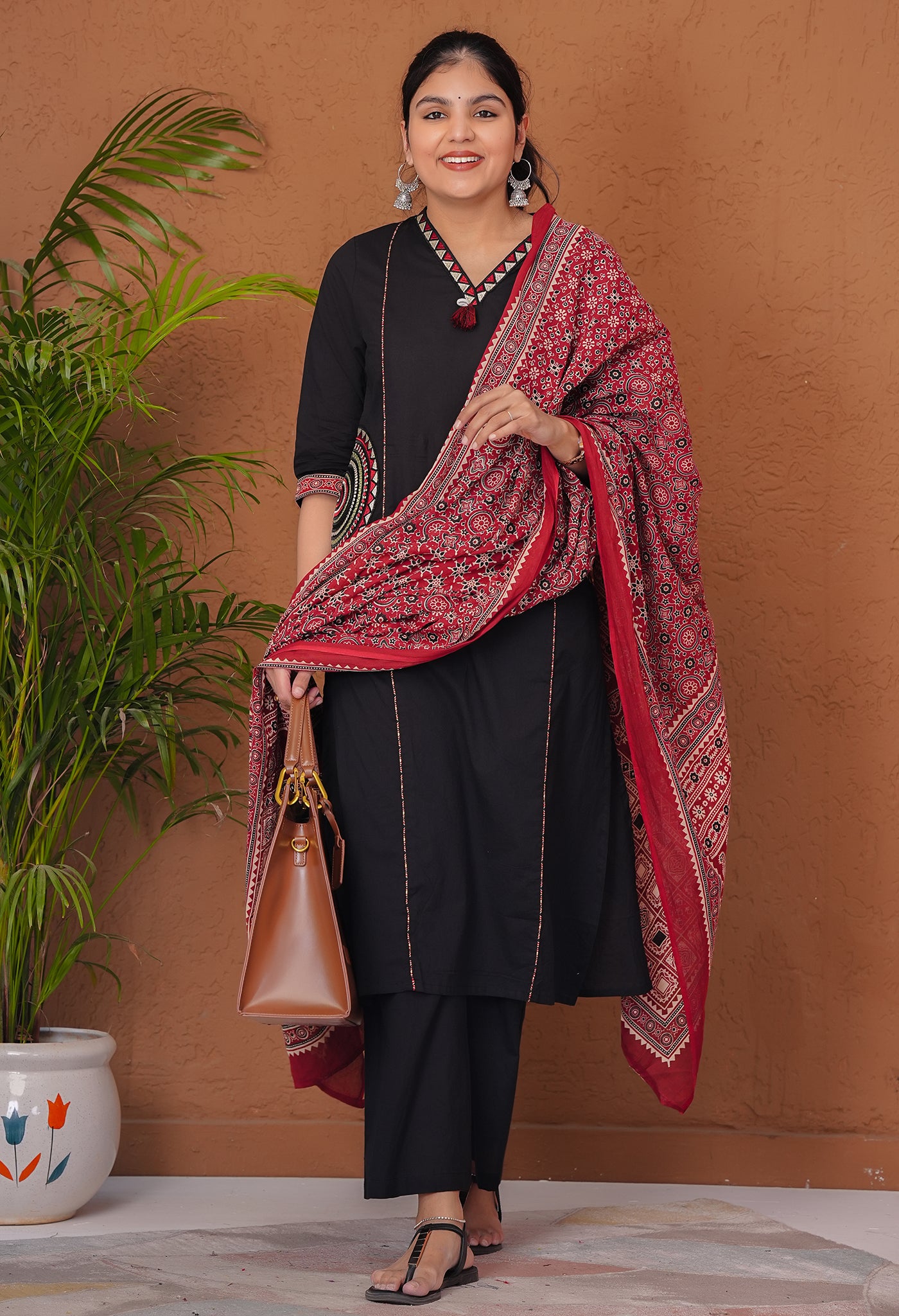 Black Cotton Suit Set with Ajrakh Print Dupatta