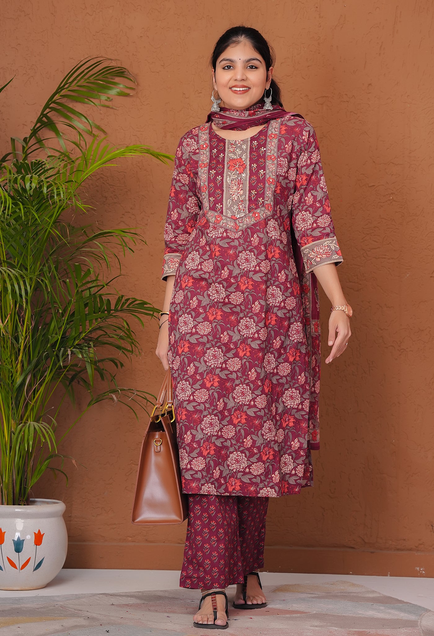 Maroon Cotton Straight Kurta Set featuring Floral Print Detailing