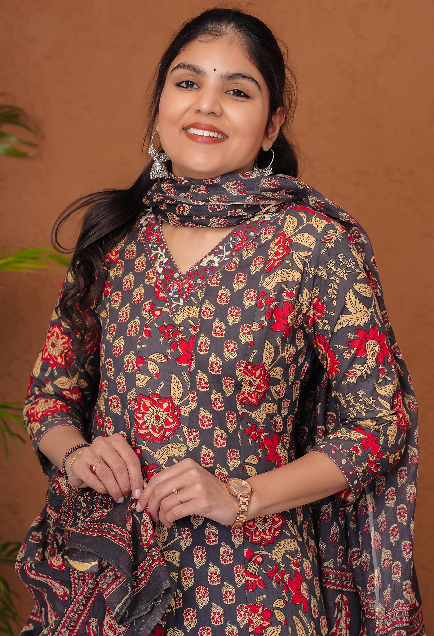 Grey & Red Cotton Anarkali Kurta Suit Set featuring Geometric and Floral Patterns