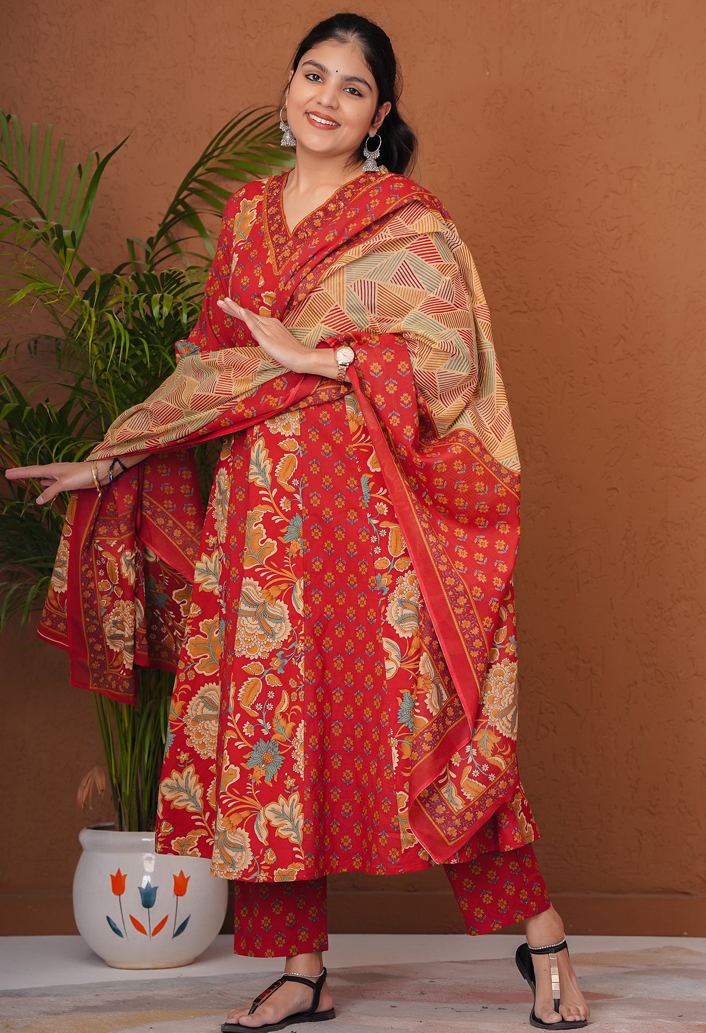 Red Cotton Kurta Pant Suit Set with Ajrakh Print