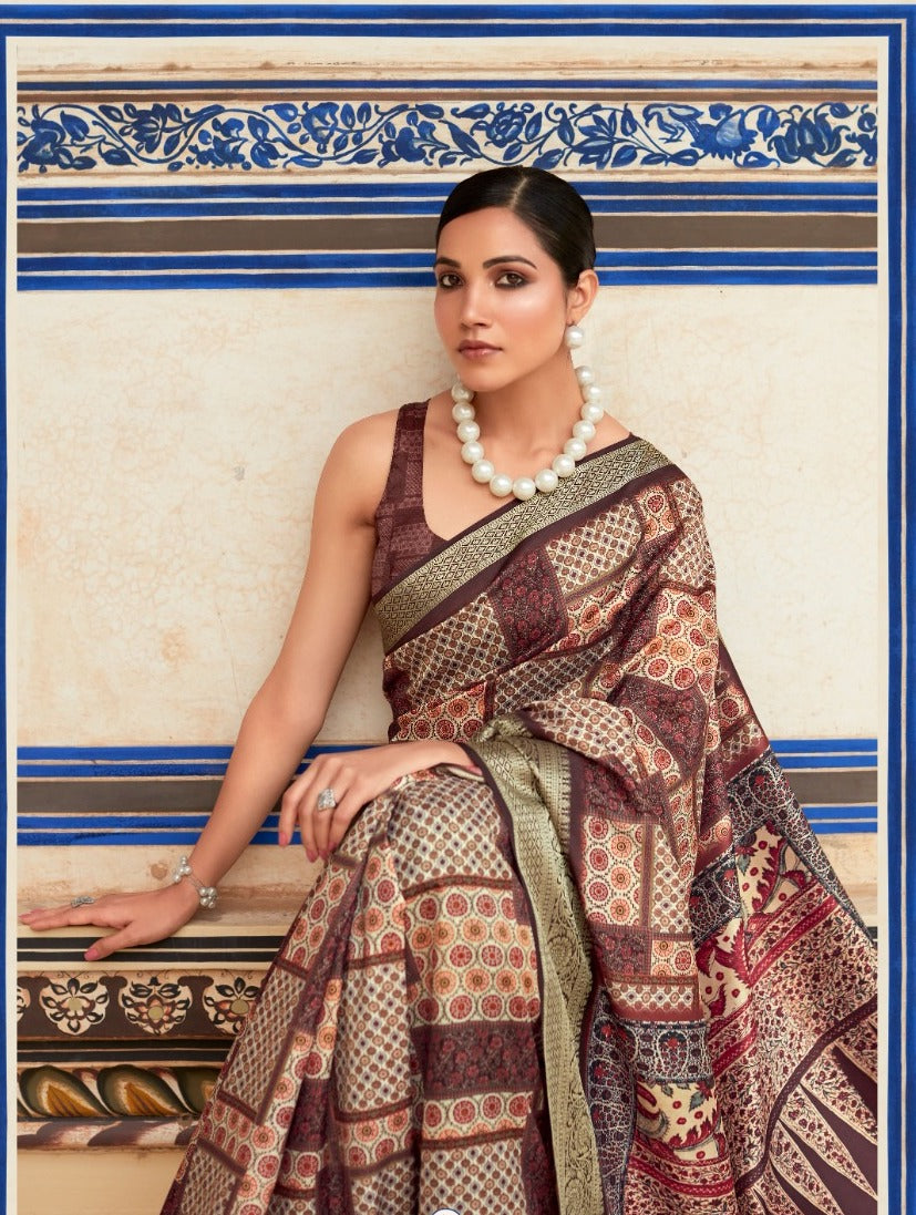 Brown Printed Dola Handloom Silk Saree