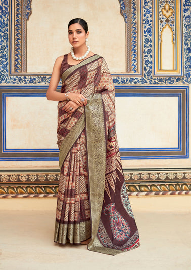 Brown Printed Dola Handloom Silk Saree