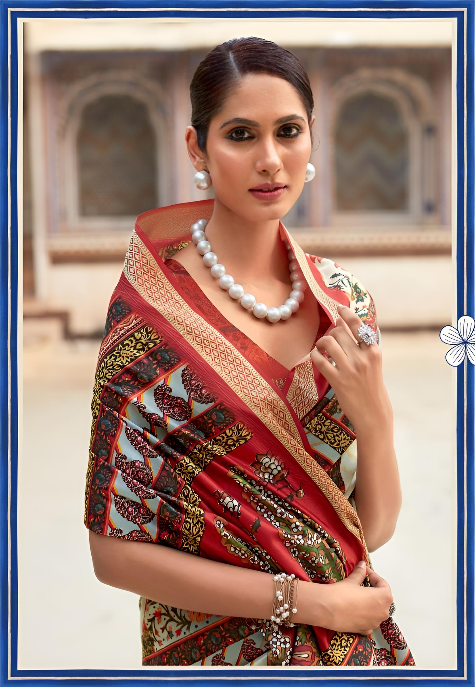 Off-White And Multicolor Printed Dola Art Silk Saree