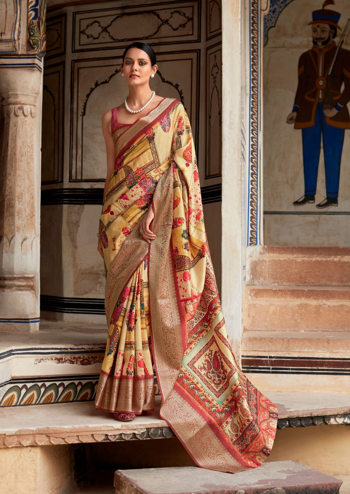 Beige And Multicolor Printed Dola Art Silk Saree
