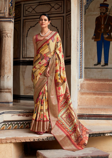 Beige And Multicolor Printed Dola Art Silk Saree