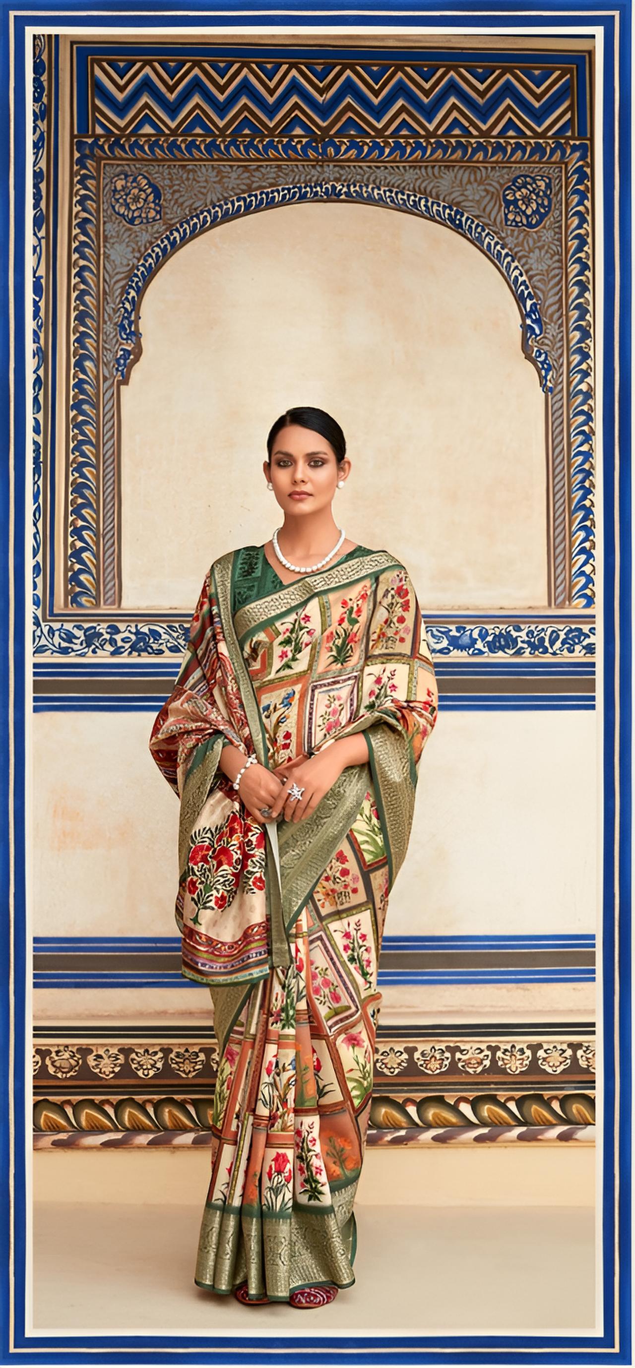 Cream And Multicolor Printed Dola Art Silk Saree