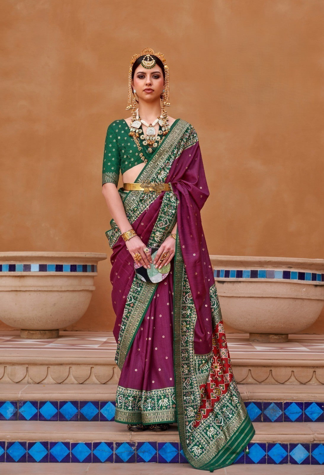 Wine Silk Saree With Patola Border