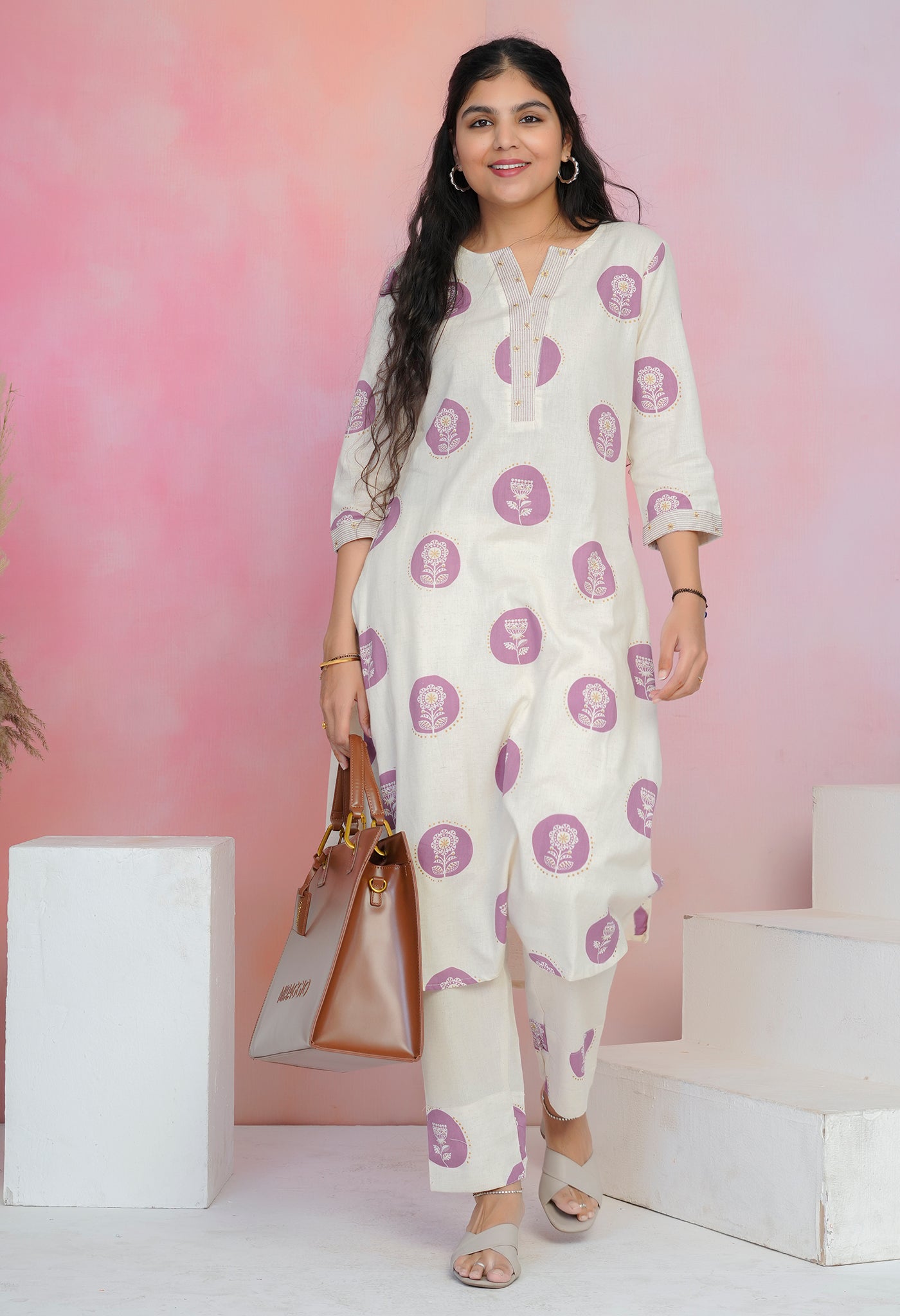 Mauve & Cream Cotton Flex Kurta Palazzo Set