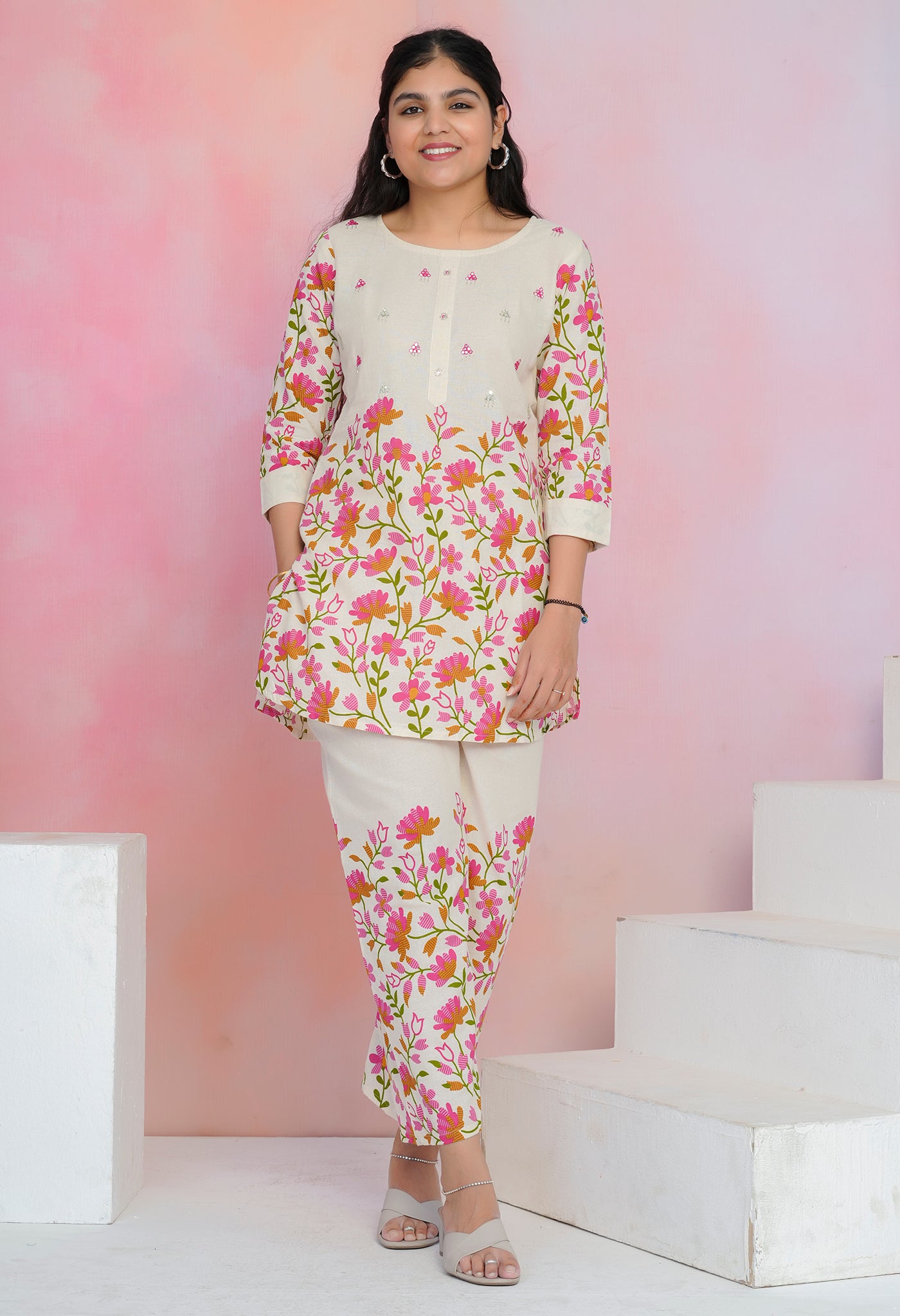 Off White Cotton Flex Co-ord Set with Floral Motifs & Mirror Work