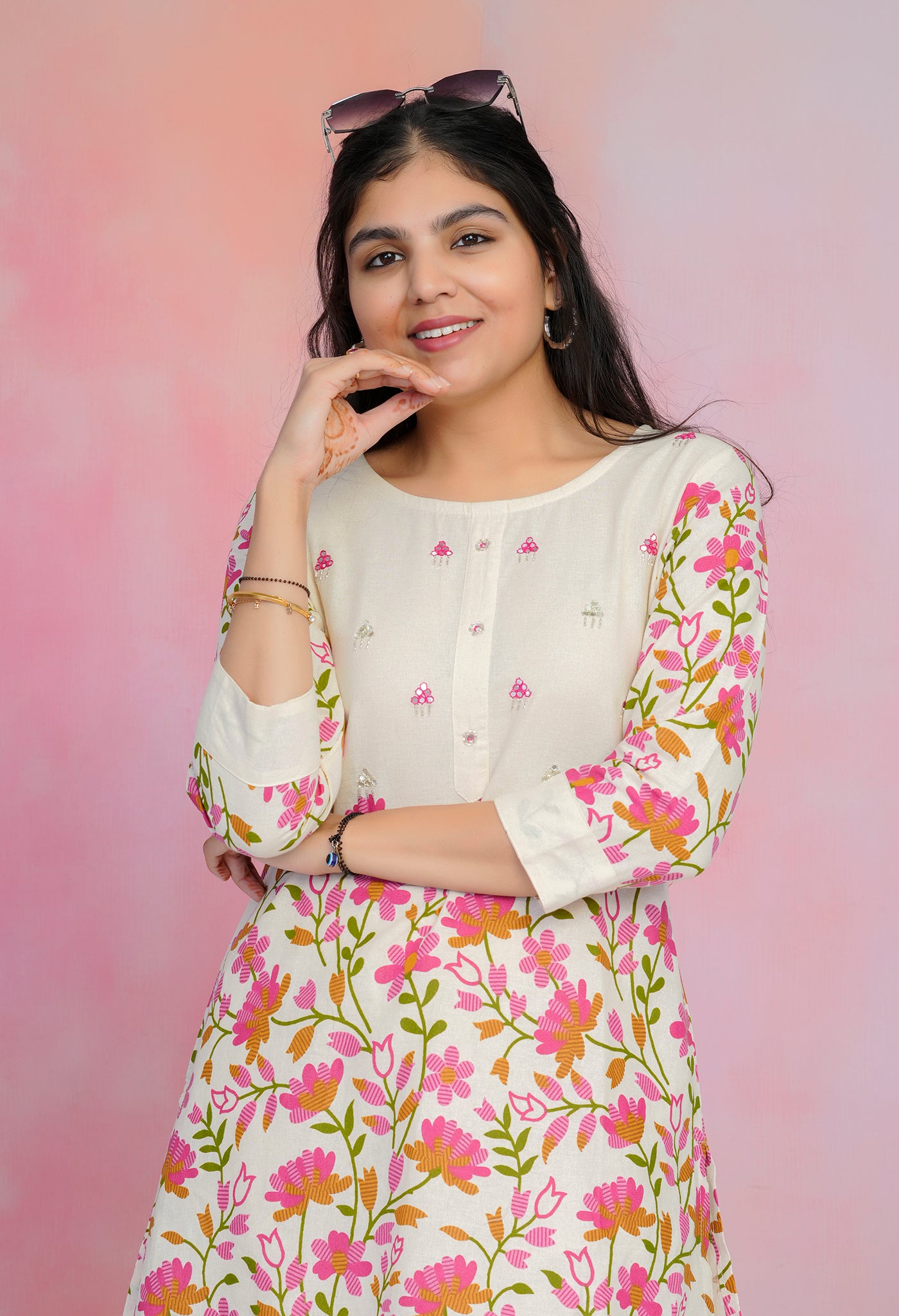 Off White Cotton Flex Co-ord Set with Floral Motifs & Mirror Work