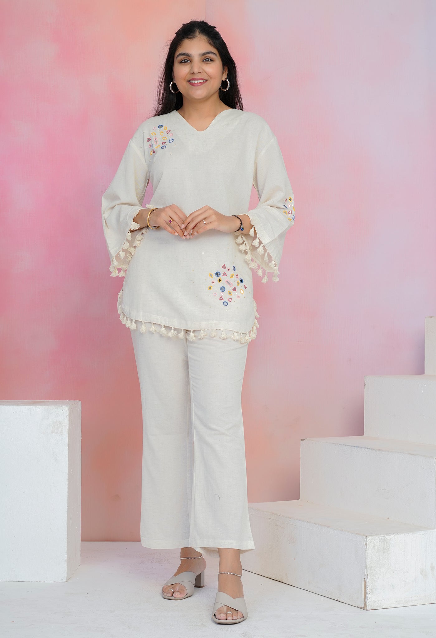 White Cotton Flex Mirror Work Co-ord Set