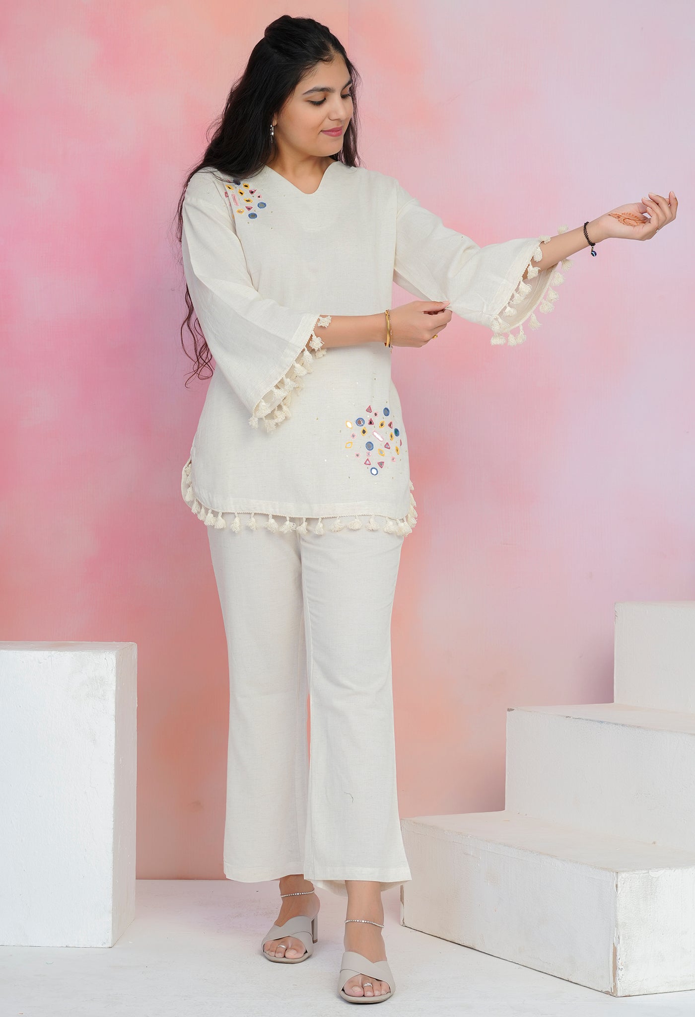 White Cotton Flex Mirror Work Co-ord Set