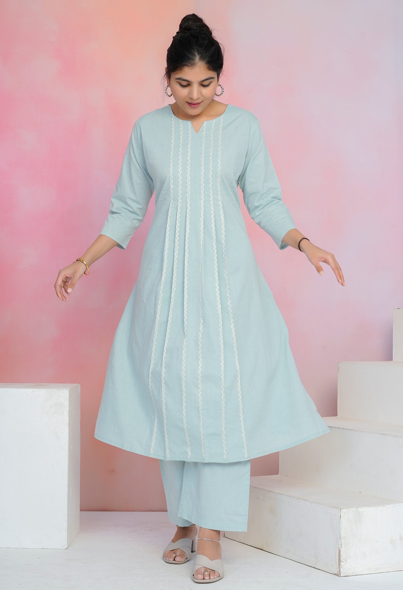 Light Blue Handloom Cotton A-Line Kurta Set with Pleated Top & Handwork Details