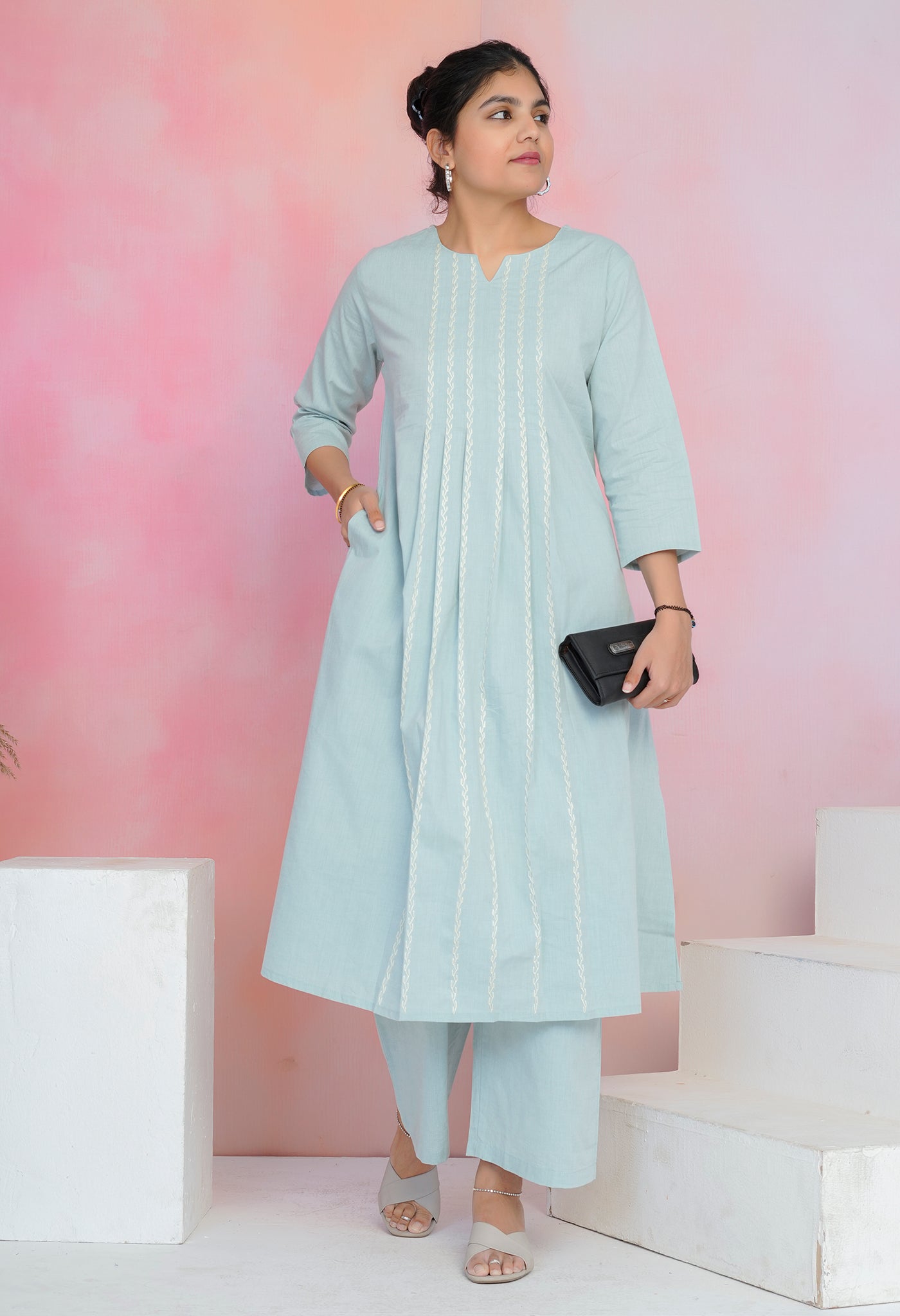 Light Blue Handloom Cotton A-Line Kurta Set with Pleated Top & Handwork Details