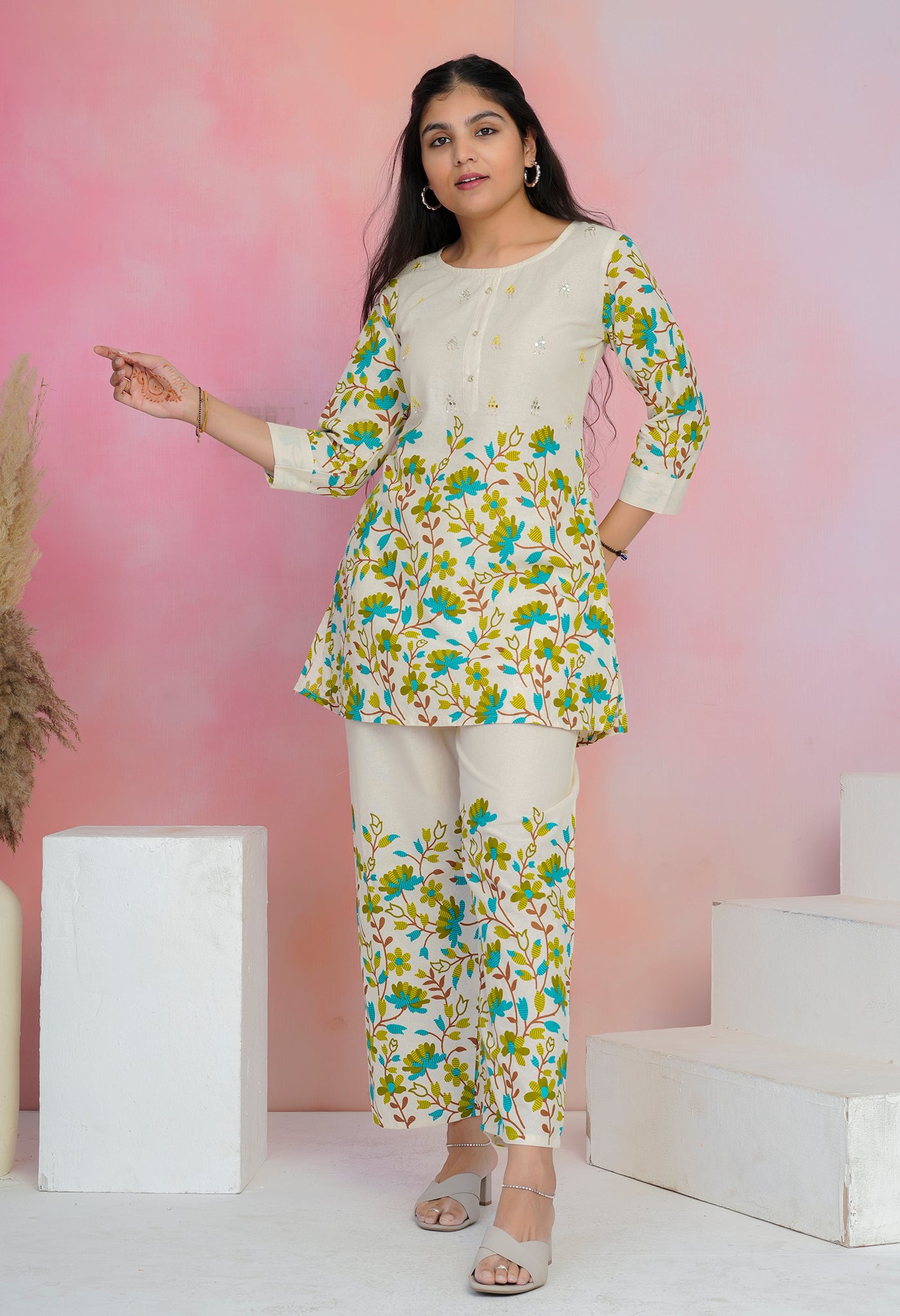 Cream Cotton Flex Co-ord Set with Floral Motifs & Mirror Work