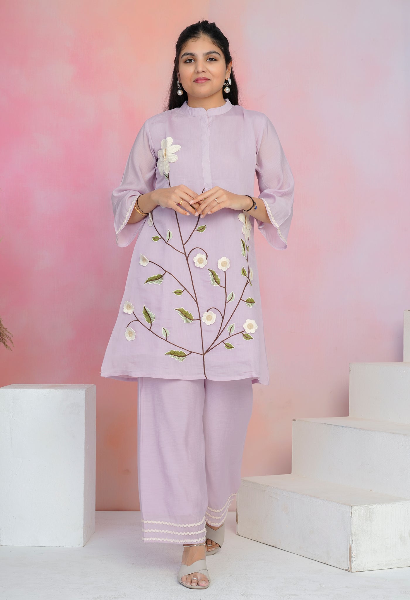 Lilac Mul Chanderi Floral Embroidered Co-ord Set with Lining