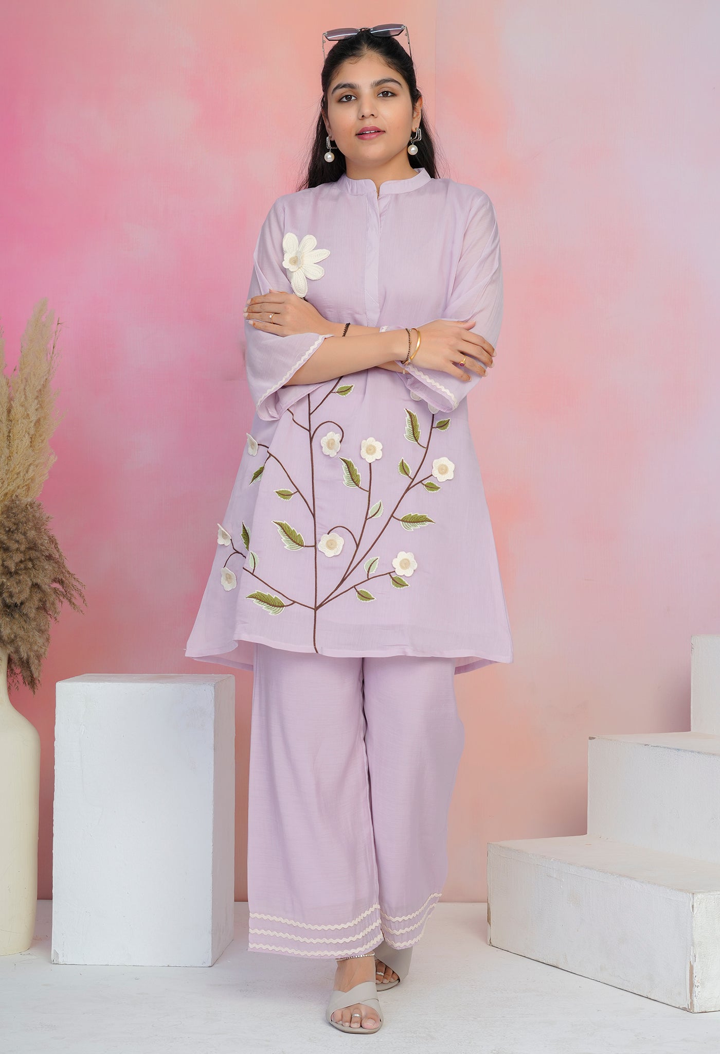 Lilac Mul Chanderi Floral Embroidered Co-ord Set with Lining