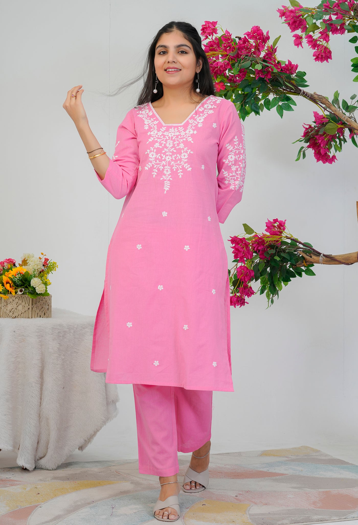 Pink Cotton Flex Hand Embroidered Kurta Palazzo Set