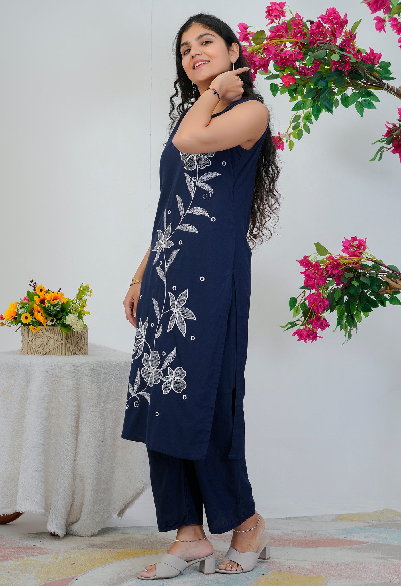 Dark Blue Cotton Flex Hand-Embroidered Kurta Palazzo Set – Sleeveless with Separate Sleeves Provided