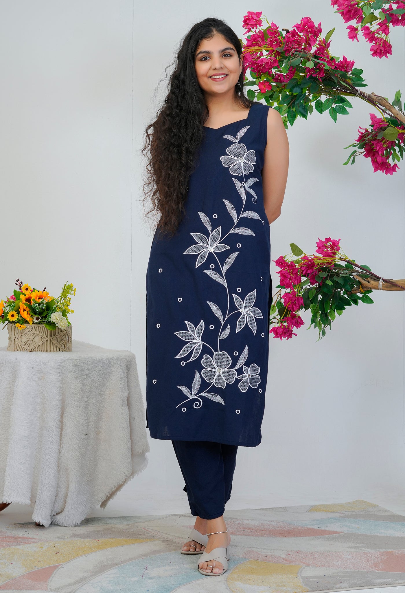 Dark Blue Cotton Flex Hand-Embroidered Kurta Palazzo Set – Sleeveless with Separate Sleeves Provided