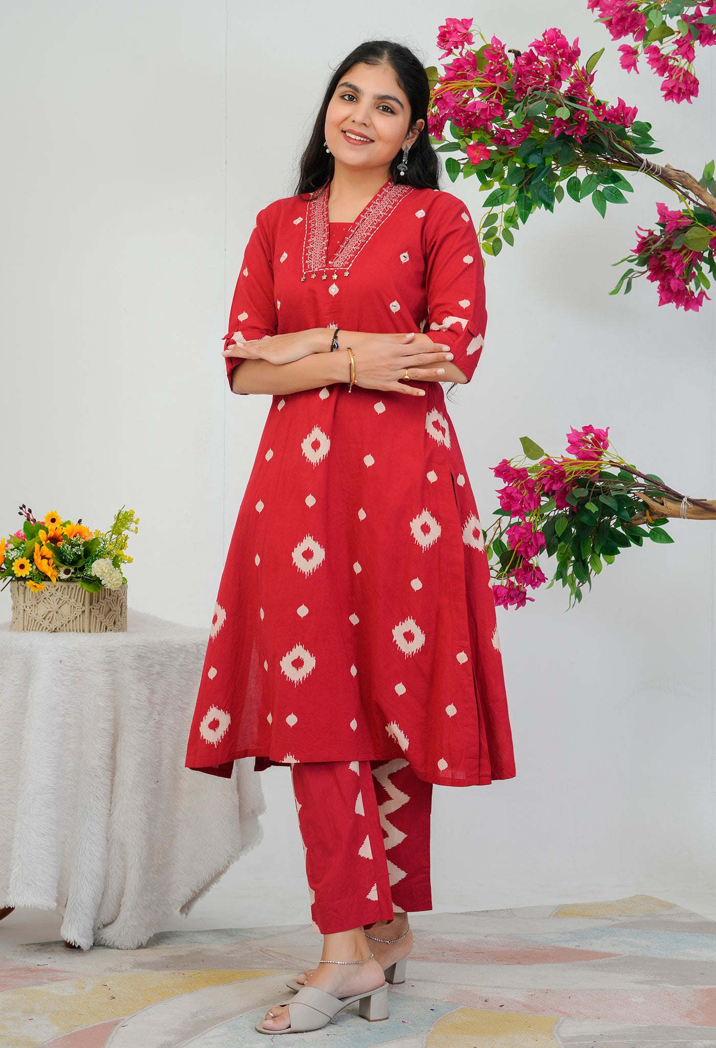 Red Cotton Kurta Palazzo Set with Ikkat Style Print