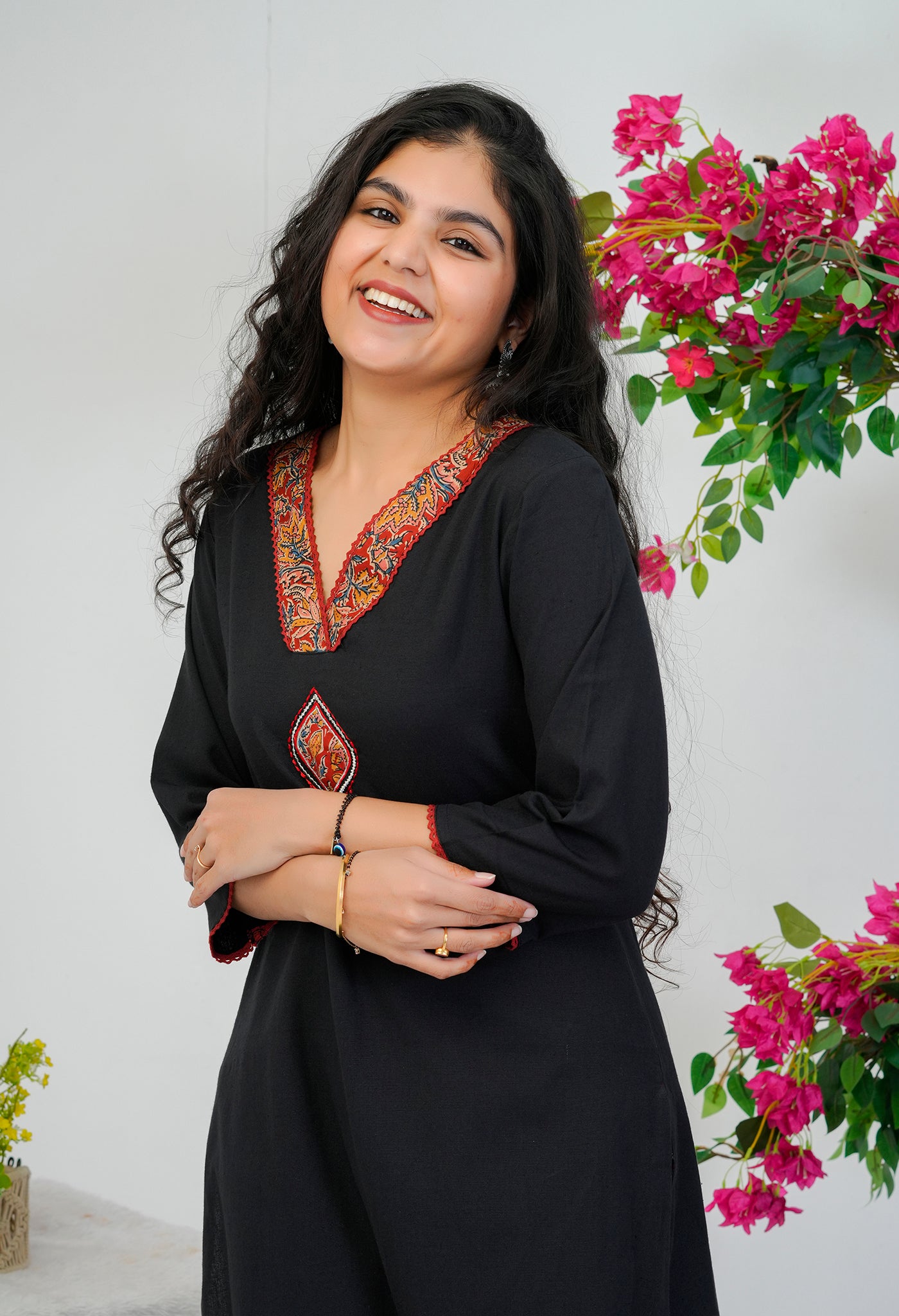 Black Red Cotton Kurta Palazzo Set