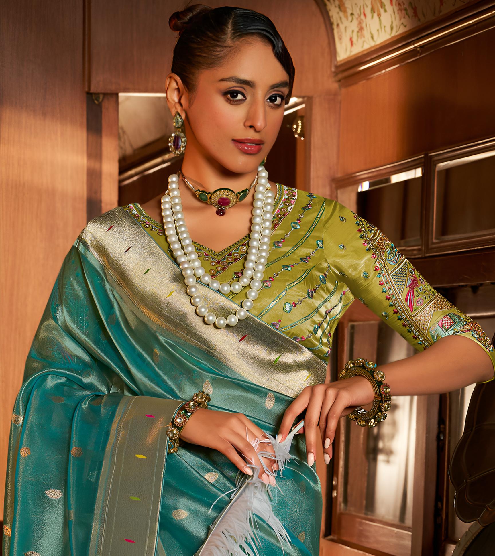 Teal Blue Tissue Paithani Saree With Embroidered Blouse
