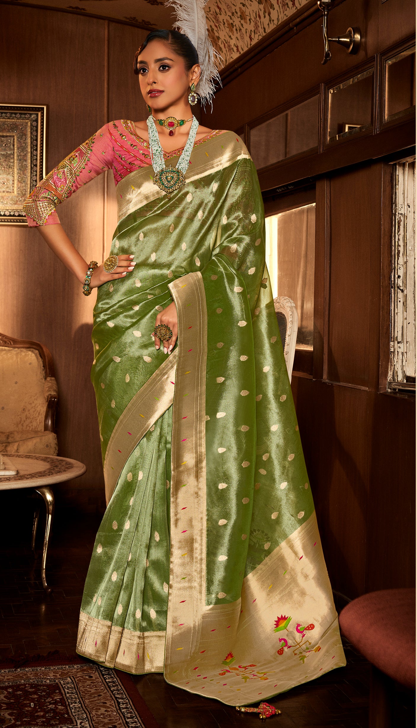 Leaf Green Tissue Paithani Saree With Embroidered Blouse