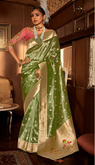 Leaf Green Tissue Paithani Saree With Embroidered Blouse